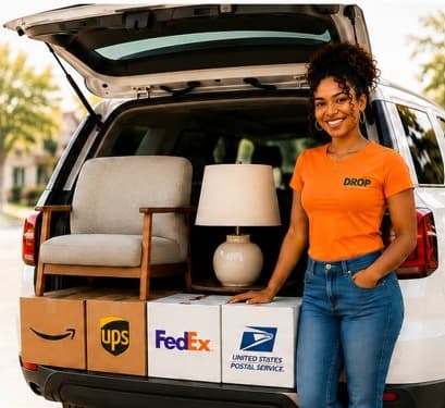DROP courier with SUV loaded with marketplace items and return packages