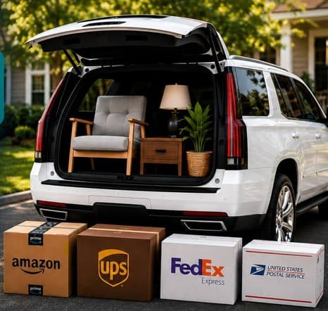 DROP courier vehicle loaded with furniture and return packages from Amazon, UPS, FedEx, and USPS