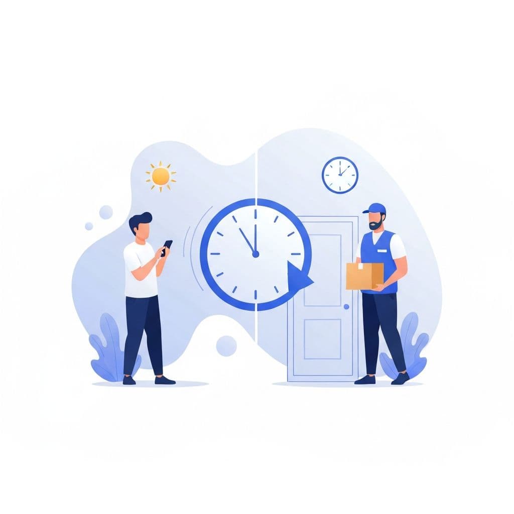 Split scene showing request in the morning and delivery in the afternoon the same day