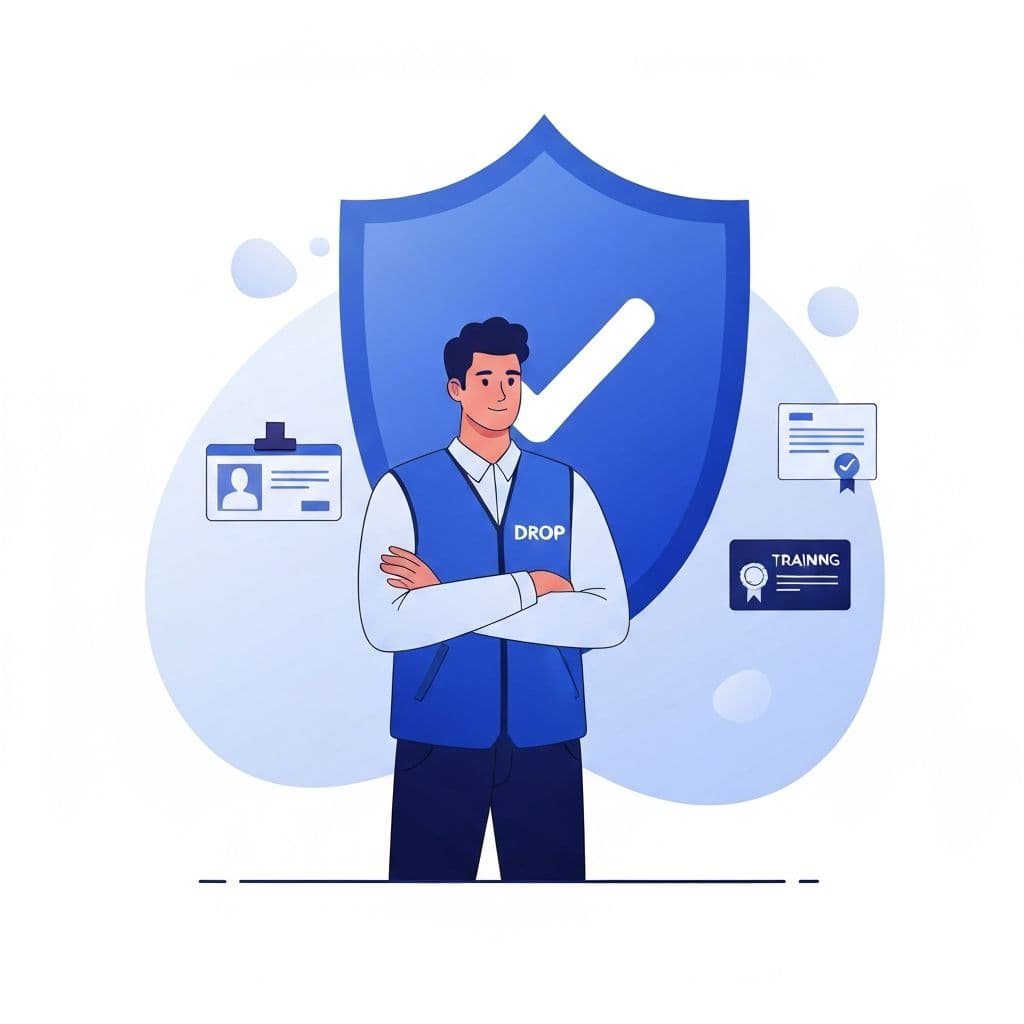 Professional DROP courier with verified badge, ID, and background check icons